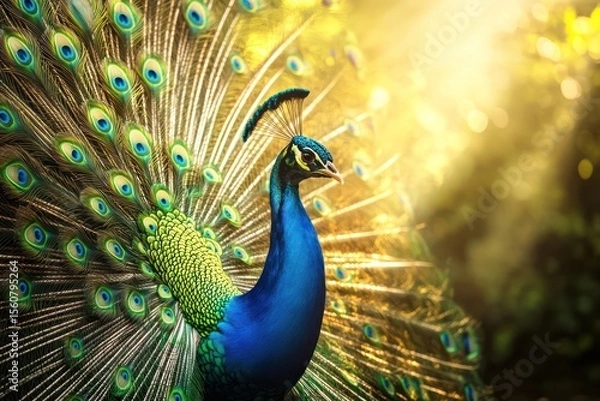 Fototapeta Peacock Displaying Vibrant Iridescent Feathers in Full Splendor . Wildlife Background