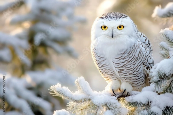 Fototapeta Owl Resting on a Frozen Tree Branch . Wildlife Background