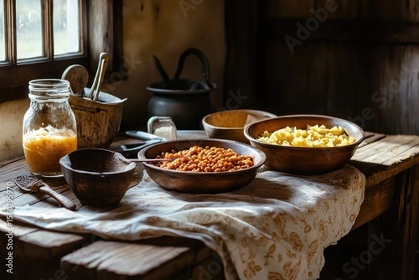 Fototapeta Rustic kitchen scene with wooden bowls of food.  Woodenware,  jars, and utensils on a table.  Sunlight streams in through a window