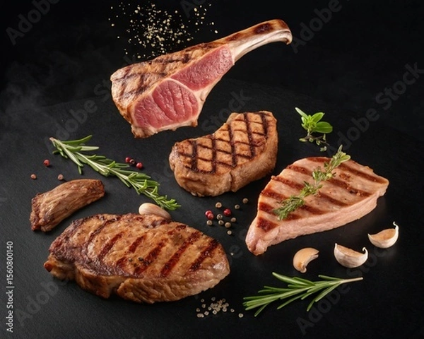 Fototapeta Grill Pork Chops Beef steaks, realistic 3d brisket flying in the air, grilled meat collection, ultra realistic, icon, detailed, angle view food photo, steak composition