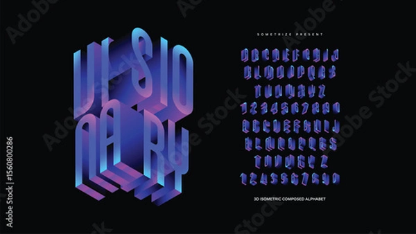 Fototapeta Visionary: A bold 3D isometric font with vibrant blue and pink extrusion. Stylish and dimensional, perfect for posters, gaming, digital headers, and modern typographic compositions.