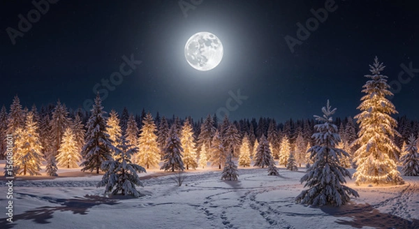Fototapeta Snow covered pine forest with illuminated trees under a full moon at night. Winter wonderland scenery for Christmas holiday.