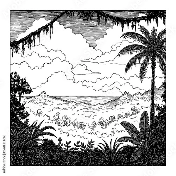 Fototapeta Beautiful Tropical Jungle Landscape Above Cloudsky with Ocean View Black and White Outline Line Art Drawing