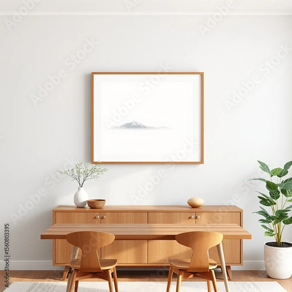 Fototapeta mockup frame wall art in dining room aesthetic design picturesque pastel tones mid-century modern style 3d rendered scene above buffet textured plaster wall elegant home decor print on demand image