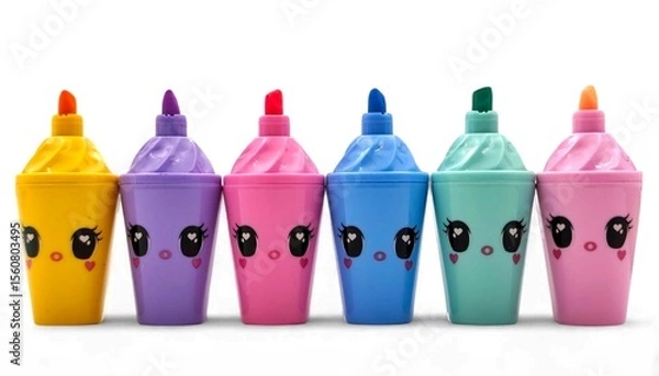 Fototapeta Photo of colorful Kawaii highlighter marker set, with adorable cartoon faces, ideal for kids, students, artists, and crafters, isolated on white background.