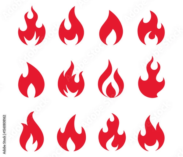 Fototapeta red Fire icon collection. Fire flame symbol. Bonfire silhouette logotype Flames symbols set flat style stock vector
