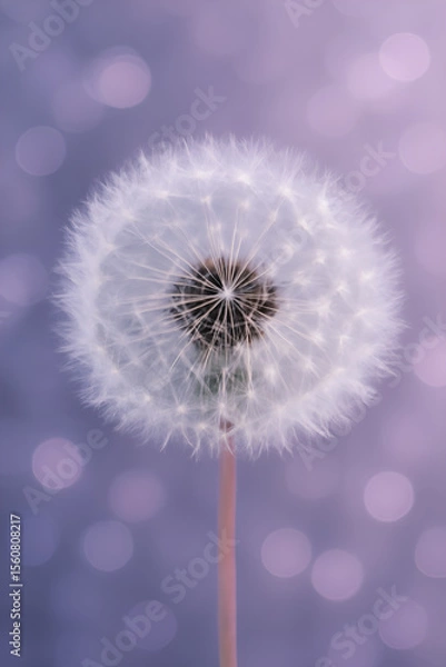 Obraz Zbliżenie na kwiat dmuchawca na tle rozmytych bokeh, delikatne światło