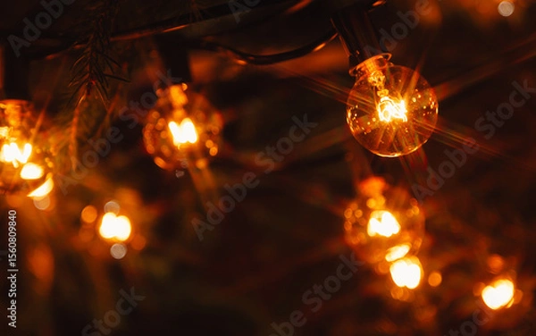 Obraz Background - electric garland with incandescent bulbs, yellow warm light