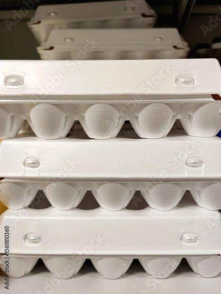 Fototapeta Stacked white egg plastic in a storage space with soft lighting above and below