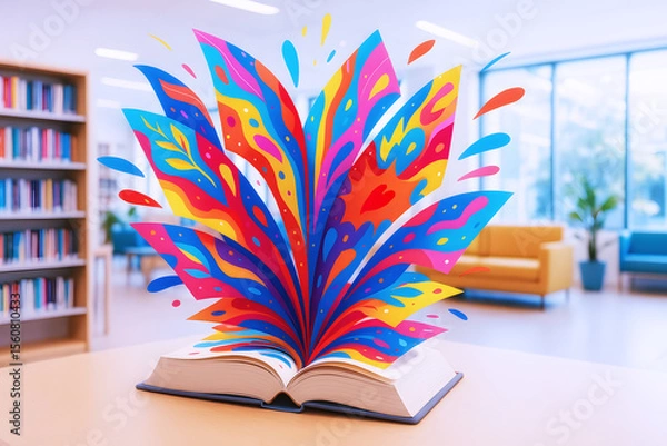 Fototapeta Open book on table with vivid abstract shapes emerging, digital art style, bright modern library interior, concept of imagination and creativity