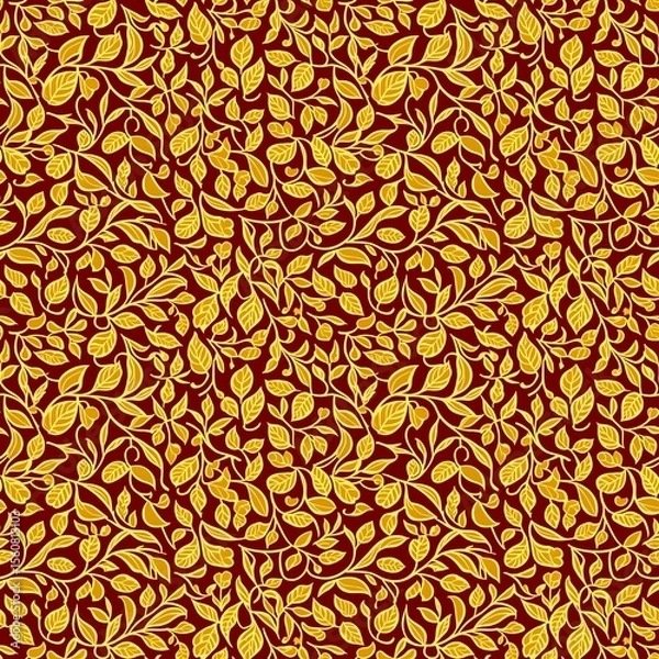 Fototapeta Golden leaf branch pattern on red background seamless pattern, four tiles