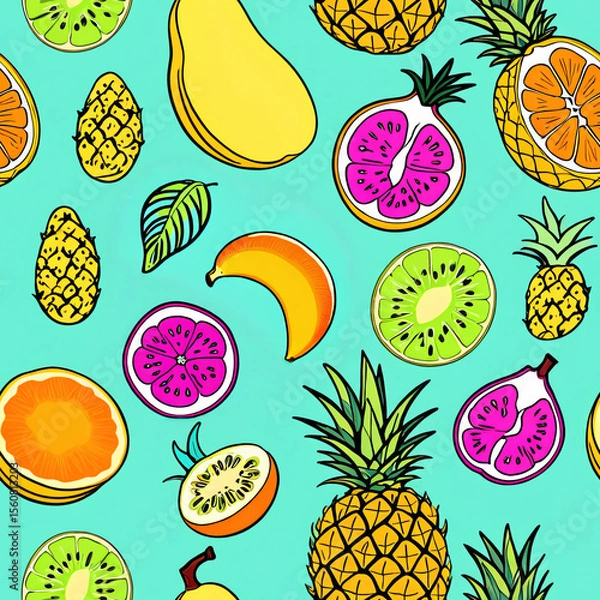 Fototapeta Colorful fruit pattern with tropical touches. Seamless pattern, one tile