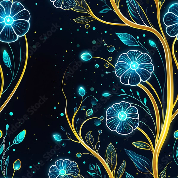 Obraz Golden floral vines with neon blue flowers seamless pattern, one tile