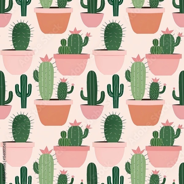 Obraz Cactus plants in pink pots seamless pattern, four tiles