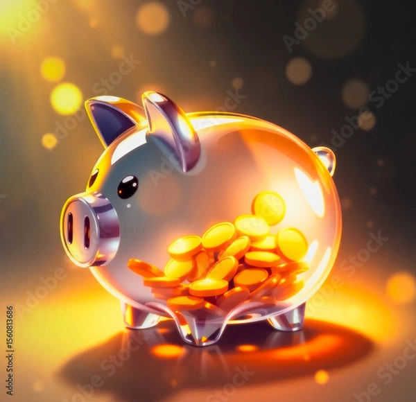 Fototapeta Sparkling piggy bank filled with radiant golden coins under soft lighting