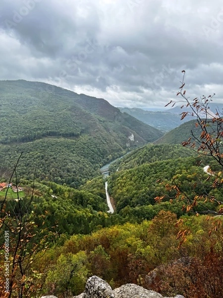 Obraz Panoramic View of Mountain Valley with River and Forest in Autumn