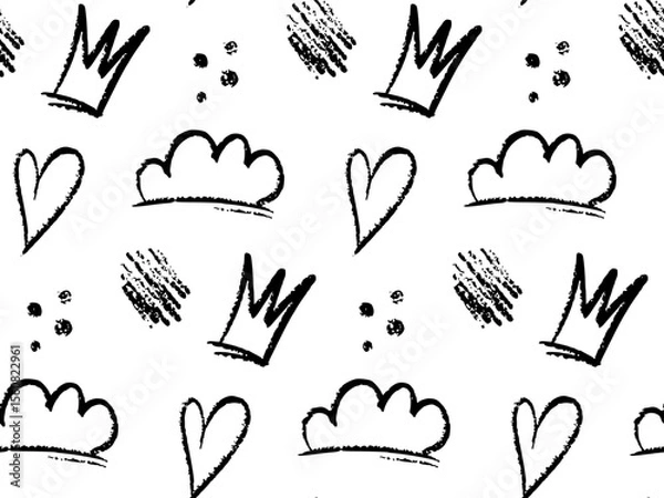 Obraz Doodle seamless pattern with hand drawn black sketch elements, Includes playful crowns, hearts, clouds on white background. Crayon style texture with a fun, artistic vibe. Perfect for kids products