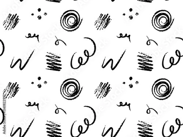 Obraz Seamless vector pattern with abstract hand drawn scribbles, swirls, dots, textured lines. Rough crayon and brush stroke elements create a playful and expressive style. Perfect for modern textile