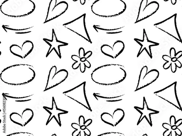 Obraz Seamless chalk pattern with abstract hand drawn stars, hearts, arrows, flowers, scribbles, swirls, dots, textured lines. Rough crayon and brush stroke elements create a playful and expressive style