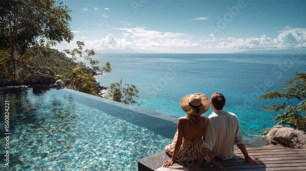 Fototapeta Romantic getaway for a couple immersed in the scenic ocean views from a luxury infinity pool