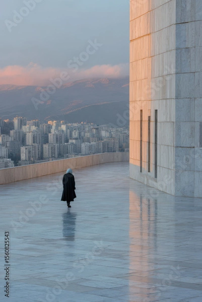 Obraz minimalist photograph solitary figure in urban landscape of iran during soft twilight reflecting transition of