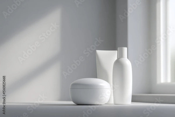 Obraz serene skincare routine setup featuring minimalistic products on clean background