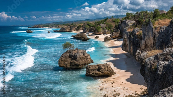 Fototapeta View of Sumbaâ€™s Lailiang Beach with crashing waves, karst cliffs, and soft white sands under a blue sky