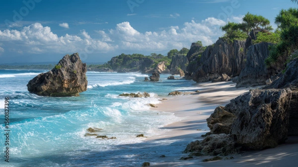 Fototapeta View of Sumbaâ€™s Lailiang Beach with crashing waves, karst cliffs, and soft white sands under a blue sky