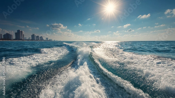 Fototapeta Wake trail from a speedboat carving through a sunlit ocean