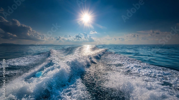 Fototapeta Wake trail from a speedboat carving through a sunlit ocean