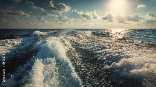 Fototapeta Wake trail from a speedboat carving through a sunlit ocean