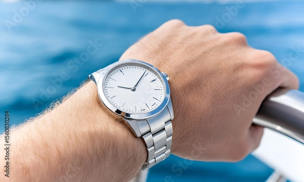 Fototapeta Close-up of a silver wristwatch on a man's hand, gripping a boat steering wheel, with a serene blue ocean in the background, capturing the essence of nautical adventure