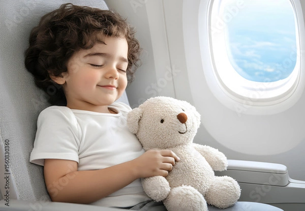 Fototapeta Young child with curly hair, peacefully sleeping in an airplane seat, holding a soft teddy bear, with a bright window view showcasing clouds and blue sky outside