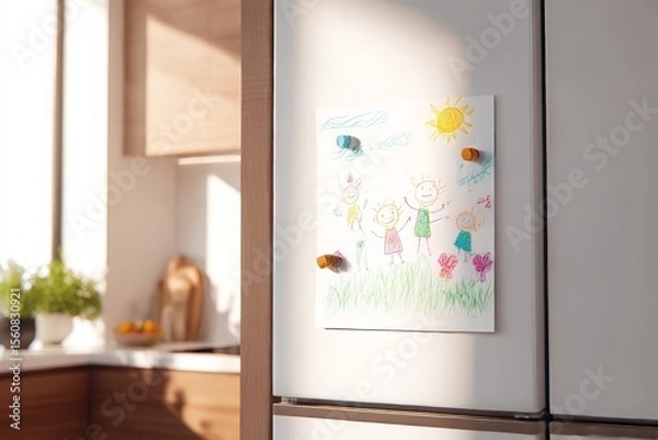 Fototapeta Colorful child’s drawing on white fridge door in bright modern kitchen with soft natural light and warm cozy family atmosphere Generative AI