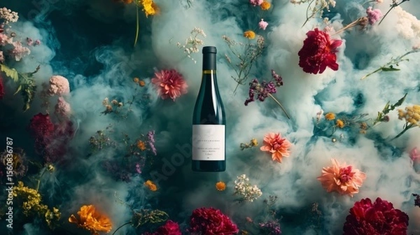 Fototapeta Vibrant floral arrangement with wine bottle surrounded by swirling fog creates a captivating visual experience