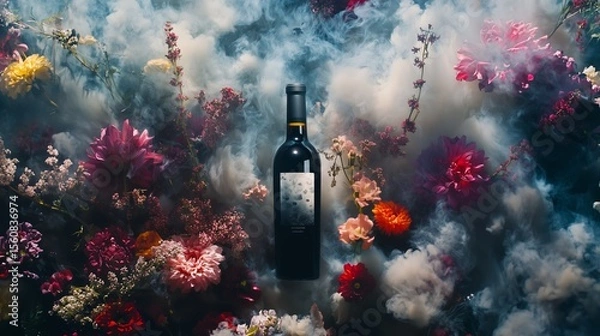 Fototapeta Colorful floral arrangement surrounds a wine bottle, creating a vibrant and artistic display during a creative photoshoot