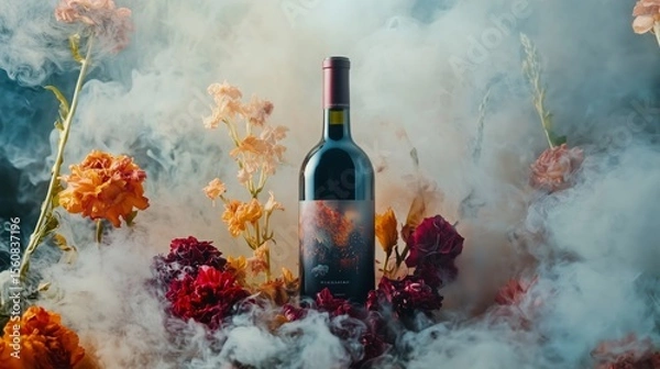 Fototapeta Red wine bottle surrounded by vibrant flowers and smoke creating an artistic display in a captivating atmosphere