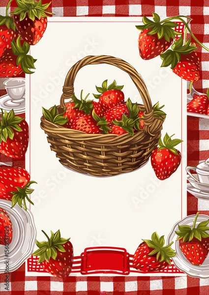 Fototapeta Strawberries in wicker basket on red checkered tablecloth background  