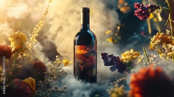 Fototapeta Beautiful wine bottle surrounded by colorful flowers and mist in a serene garden setting during sunset