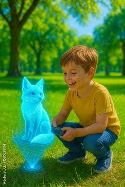 Fototapeta Young Boy Immersed in Augmented Reality with Holographic Forest Animals