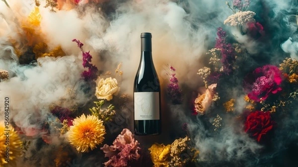 Fototapeta Creative wine bottle display surrounded by vibrant flowers and fog in an artistic arrangement