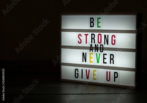 Fototapeta Inspirational message on lightbox be strong and never give up