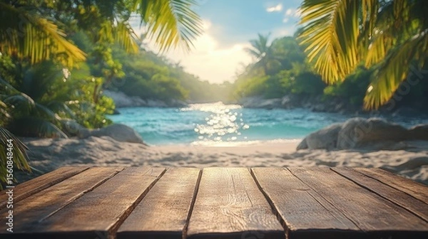 Fototapeta Rustic wooden table surface in the foreground with a breathtaking tropical sea landscape blurred in the background. Natural textures and serene coastal beauty, ideal for relaxation and inspiration