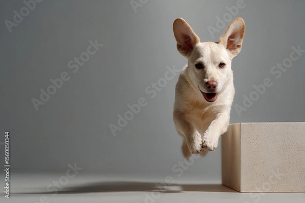 Fototapeta joyful dog captured in midair jumping over obstacle positioned on left side of frame