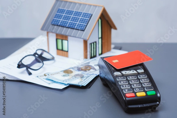 Obraz Payment terminal for credit card payment, US dollars and solar powered house model. Concept of property payment and real estate transactions for green housing.