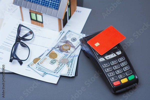 Obraz Payment terminal for credit card payment, US dollars and solar powered house model. Concept of property payment and real estate transactions for green housing.