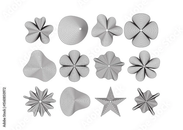 Fototapeta  Collection of abstract black line art shapes with optical illusion effects. Includes stars, flowers, blobs, and spirals. Perfect for modern design, posters, and backgrounds.