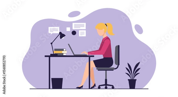 Fototapeta A professional woman works on her laptop at a desk, illustrating modern business, marketing, and web design concepts with a flat illustration style.