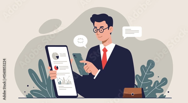Fototapeta a man in a suit and glasses, engrossed in his smartphone, surrounded by plants and a speech bubble with text. Suitable for landing page, banner, marketing, web design, presentation, infographic, etc.