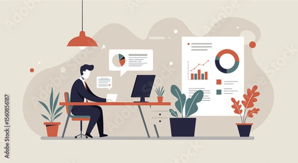 Fototapeta A businessman analyzes data and charts on his computer, using a flat design infographic style for a compelling web presentation or marketing landing page.